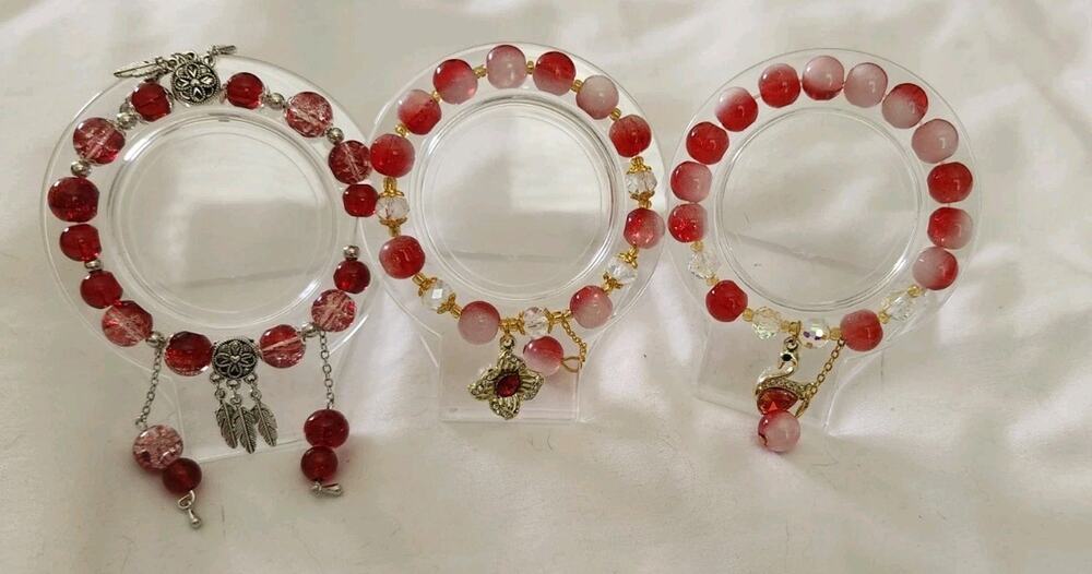 Glass Bead Bracelets Set Of 3 (Red, White, Gold, Flower, Silver. Feather) Lot#D